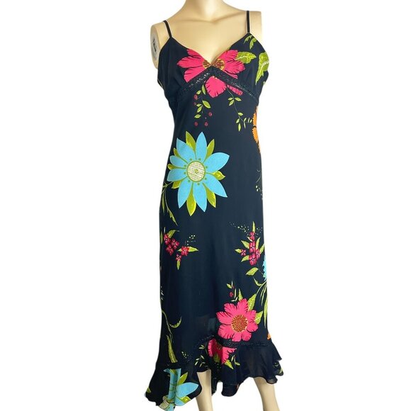 Vtg XOXOXO Black Floral Prom Baby Doll Maxi Dress Fairy Coquette Tiered Sz L Y2K - Picture 1 of 10